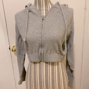 Grey Ribbed Cropped Hoodie